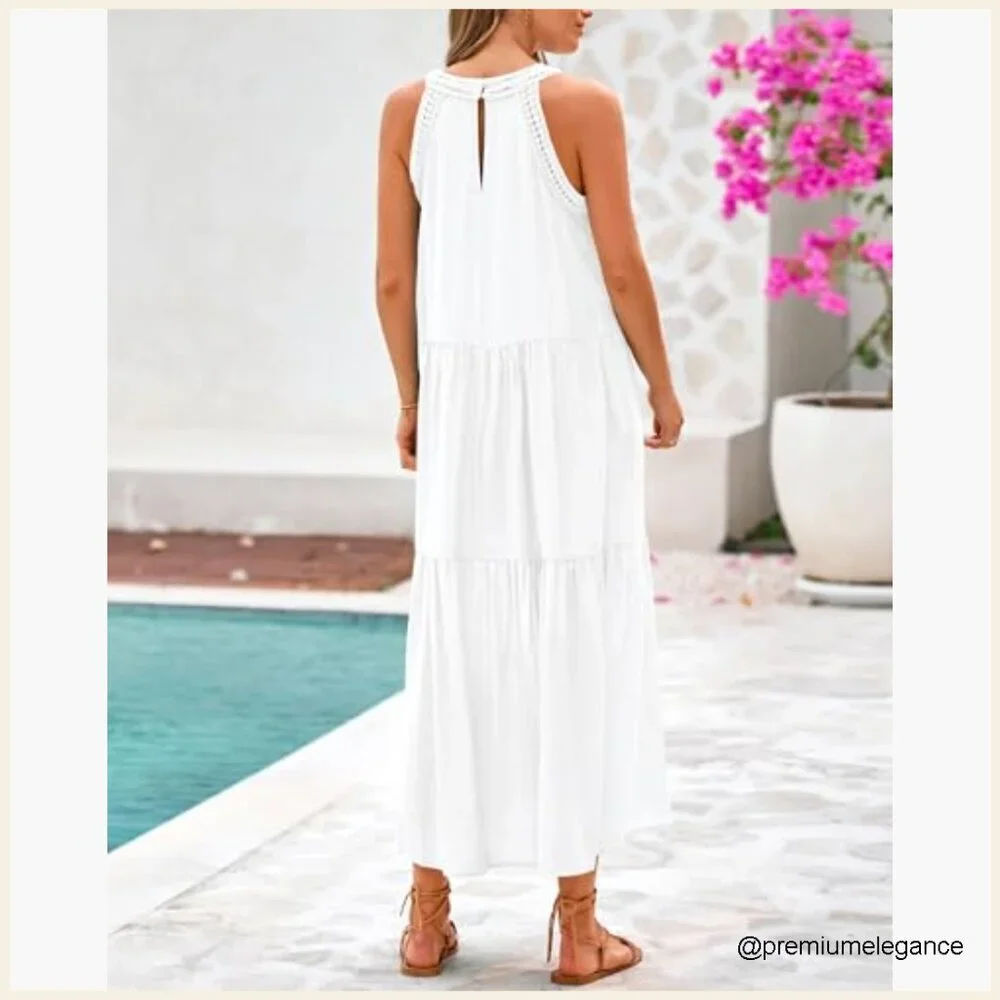 Halter Hollow Out Maxi Dress Sleeveless Boho Sundress Casual Beach Vacation - Picture 3 of 7